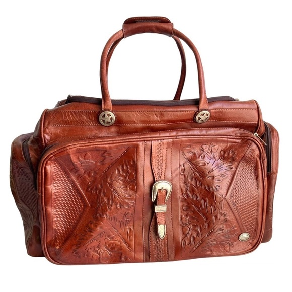 American West Duffle Bag Tooled Leather Handmade Western Travel Overnight Brown